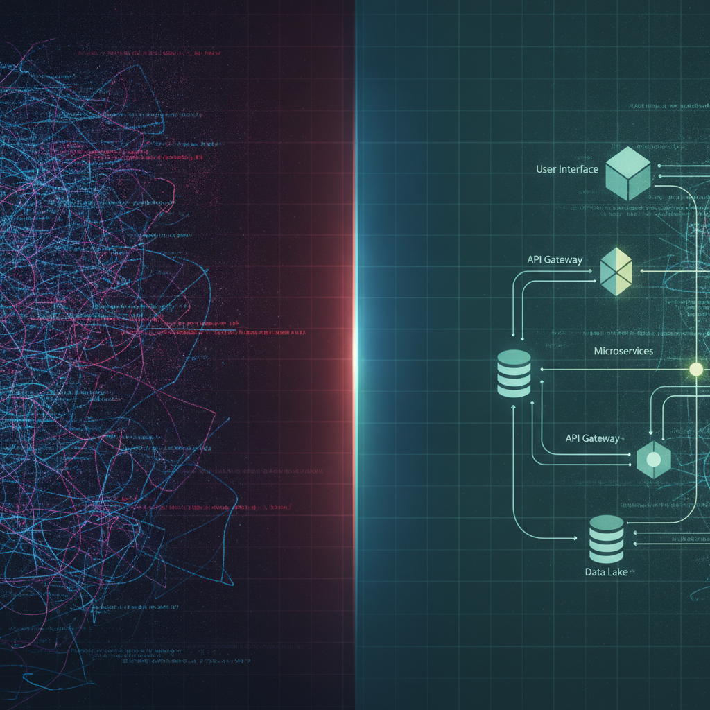 A side-by-side visual comparison or split-screen illustration. On the left, a traditional tangled mess of computer code and glowing syntax errors. On the right, a clean, high-level architectural diagram made of glowing interconnected nodes, databases, and flowcharts. The image represents the shift from writing complex syntax to managing high-level system design and logic.