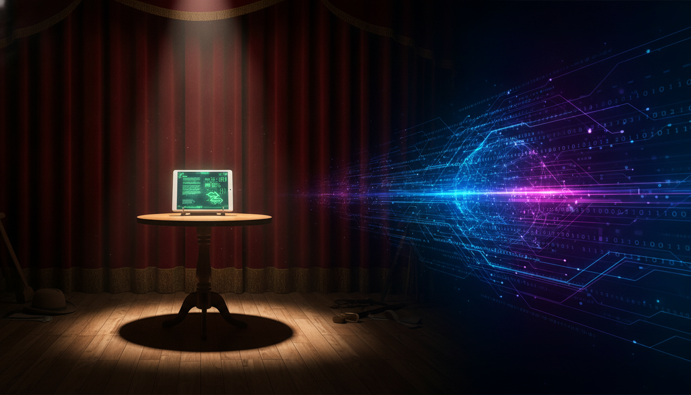 A split-screen or dual-concept image. On one side, a small, dimly lit community theater stage with a glowing tablet displaying a digital script and stage cues. On the other side, abstract, modern digital code flowing seamlessly in bright blue and purple hues. The image should symbolize the intersection of niche community needs (theater/schools) and modern AI-accelerated software development.