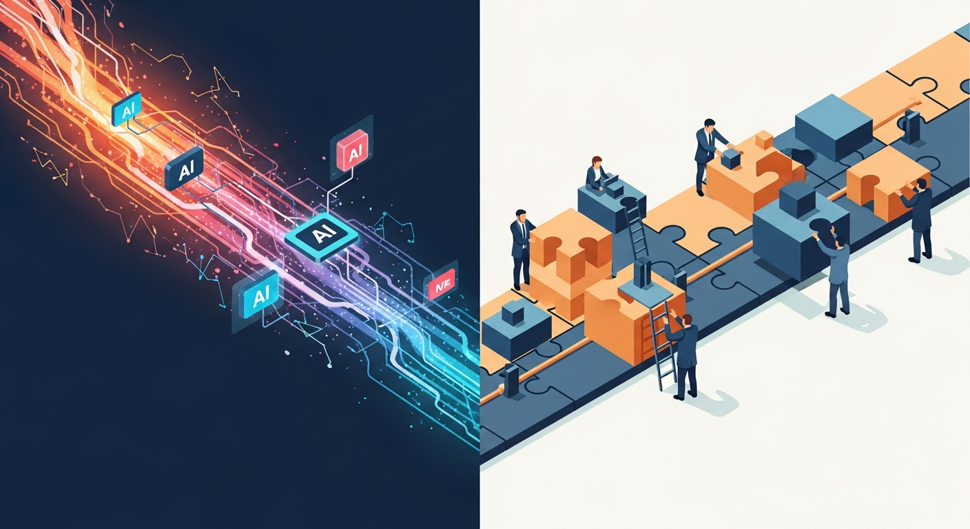 A split-screen or dual-concept isometric illustration. On the left side, a chaotic, glowing stream of data and floating AI nodes representing raw, unpredictable artificial intelligence. On the right side, a structured, well-organized assembly line or puzzle being put together by miniature, stylized professional figures (representing product managers). The image should visually communicate the concept of 'taming the probabilistic beast' and turning chaotic AI into structured, valuable business solutions. Clean, modern vector style.